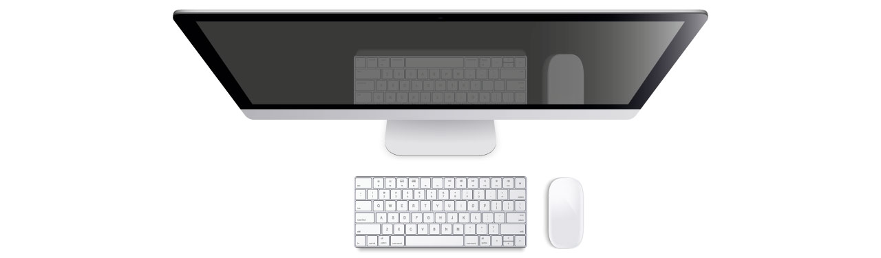 Apple iMac 27 Zoll mit Apple Tastatur und Magic Mouse von oben betrachtet bereit für den Service
